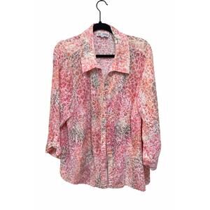 JM Collection 2X Sheer Floral Blouse Pink Coral Capsule Wardrobe Flowy Soft Girl